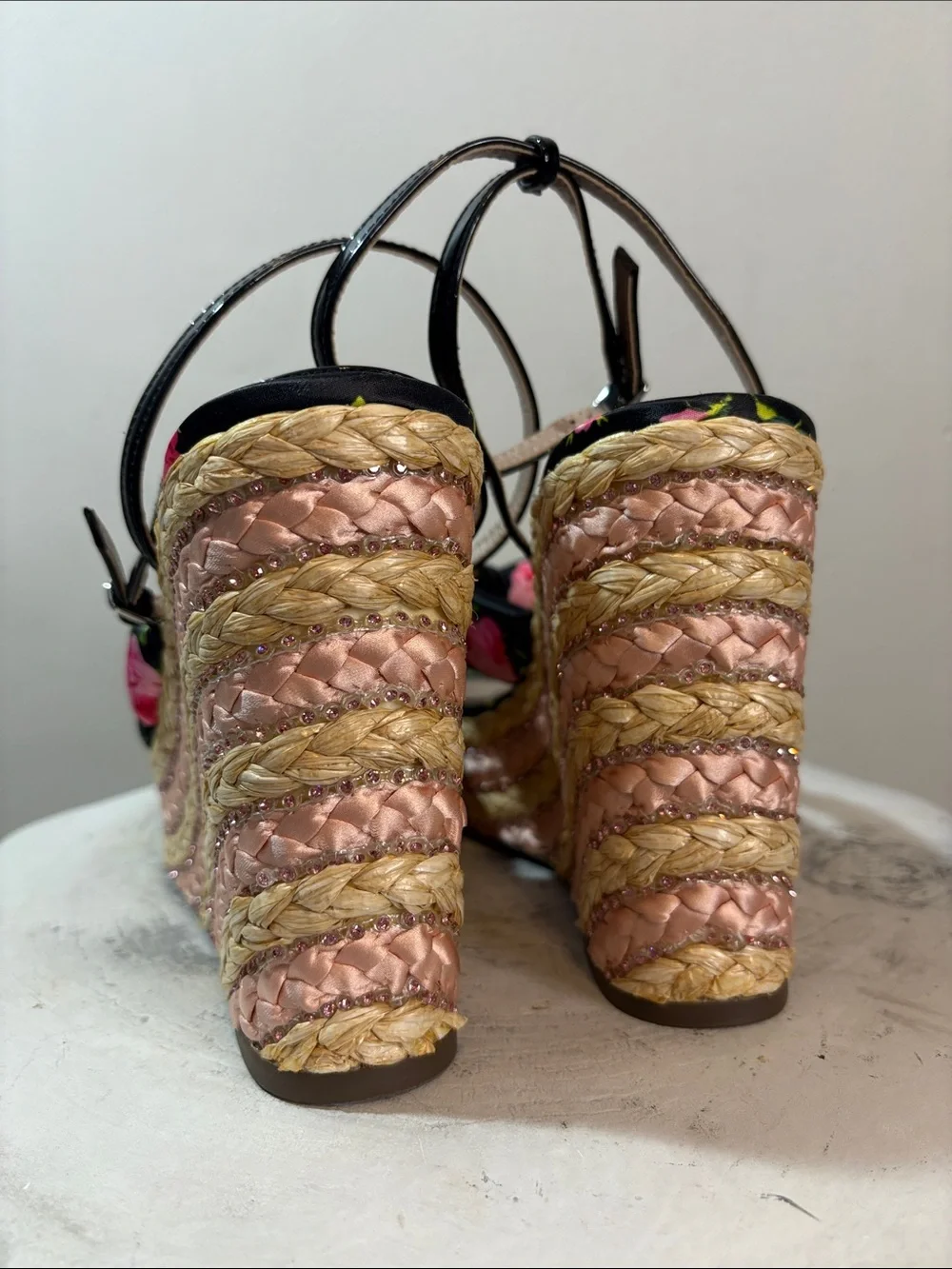 Betsey Johnson Rhinestone Bedazzled Floral “Pansie” Braided Raffia Wedge Sandals